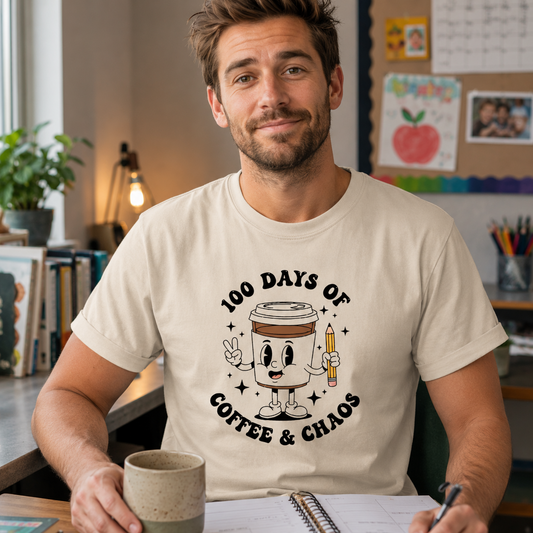 Man wearing 100 Days of Coffee and Chaos natural t-shirt in classroom office