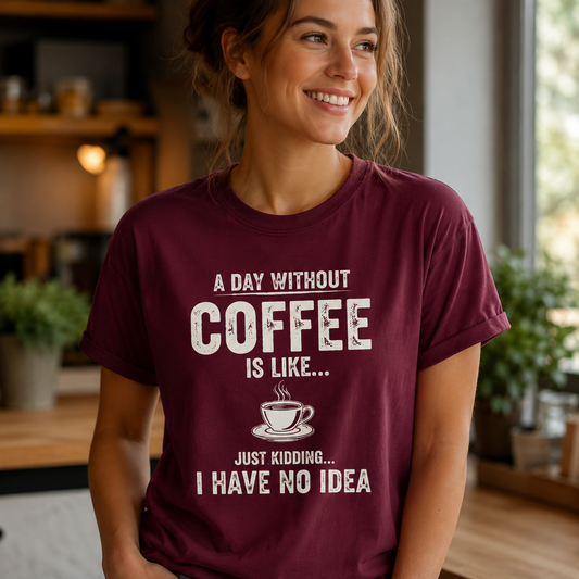 Woman wearing A Day Without Coffee maroon t-shirt in warm kitchen