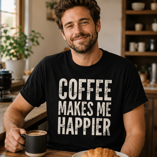 Man wearing Coffee Makes Me Happier black t-shirt in cozy coffee setting